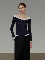 unspoken Slim Colorblock One Shoulder V-neck Casual Knitted Pullover Women Blouses