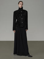unspoken Slimming French Slim Fit Waist Cinch Stand Collar Black Nylon Women Short Coat