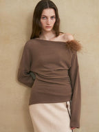 someonesometimes 3D Embellished Asymmetrical Neck Slim Crop Knit Wool Blend Sweaters