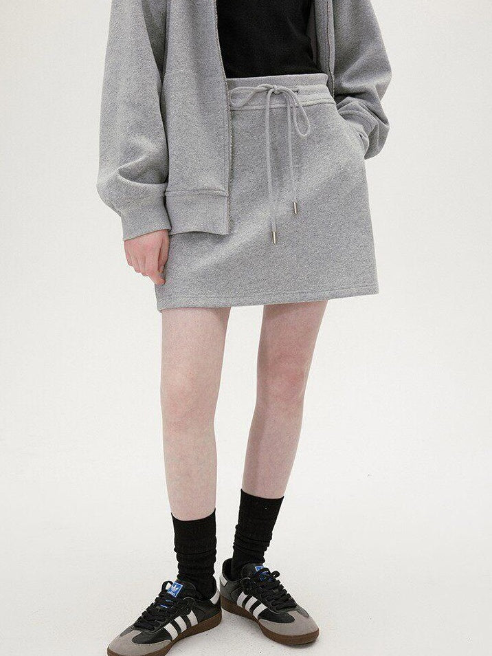 fano Hooded Zip Cotton Blend Loose Fit Minimalist Commuter Gray Top & Skirt Sets