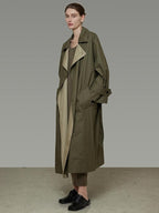unspoken Minimal Commuter Long Double Breasted Loose Fit Women Black Olive Trench Coats
