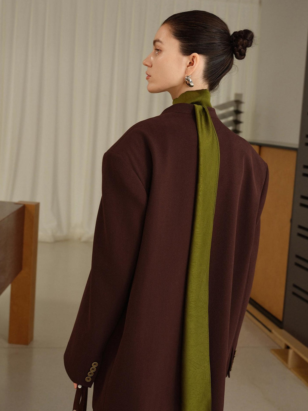 audreyyang Original Loose Fit Herringbone Wool Collarless Open Front Casual Women Blazers