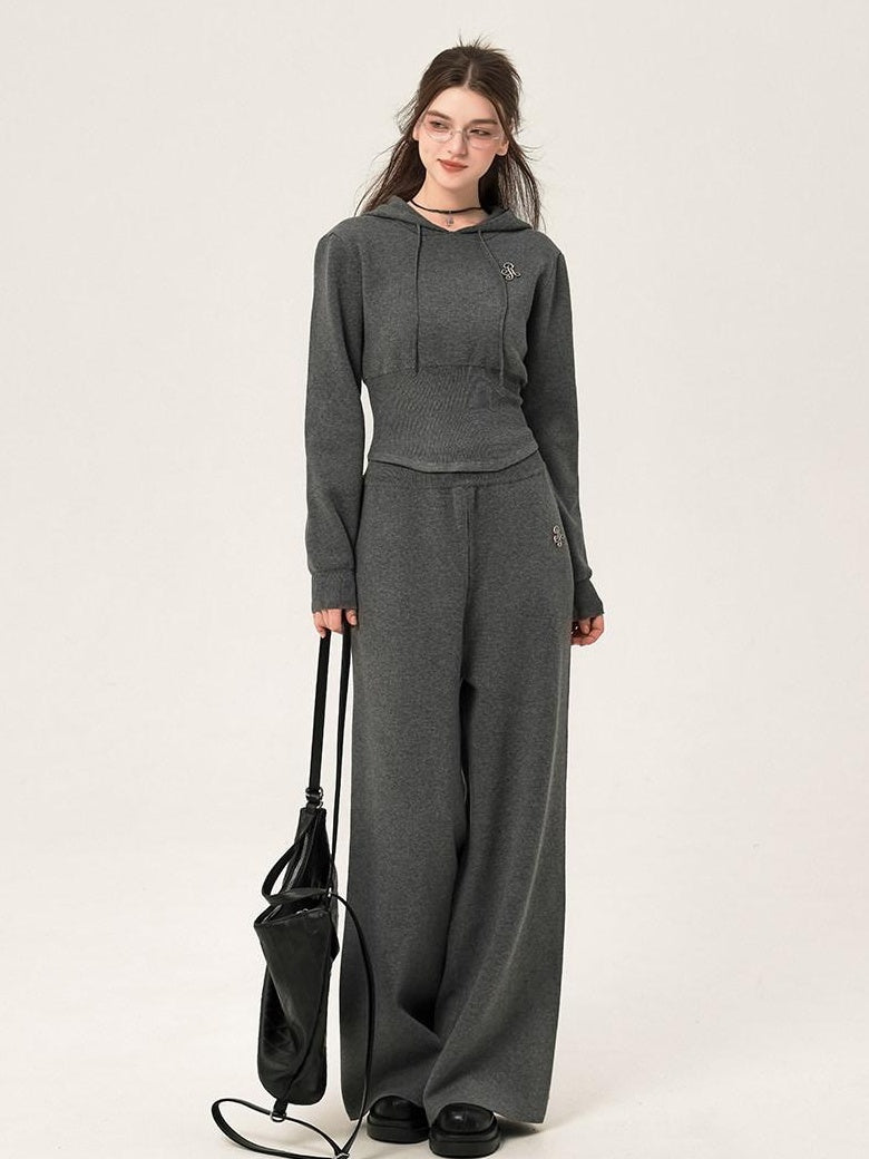 ikyou Ribbed Grey Cropped Hood Pullover Commuter Polyester Women Top & Pants Sets