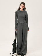 ikyou Ribbed Grey Cropped Hood Pullover Commuter Polyester Women Top & Pants Sets