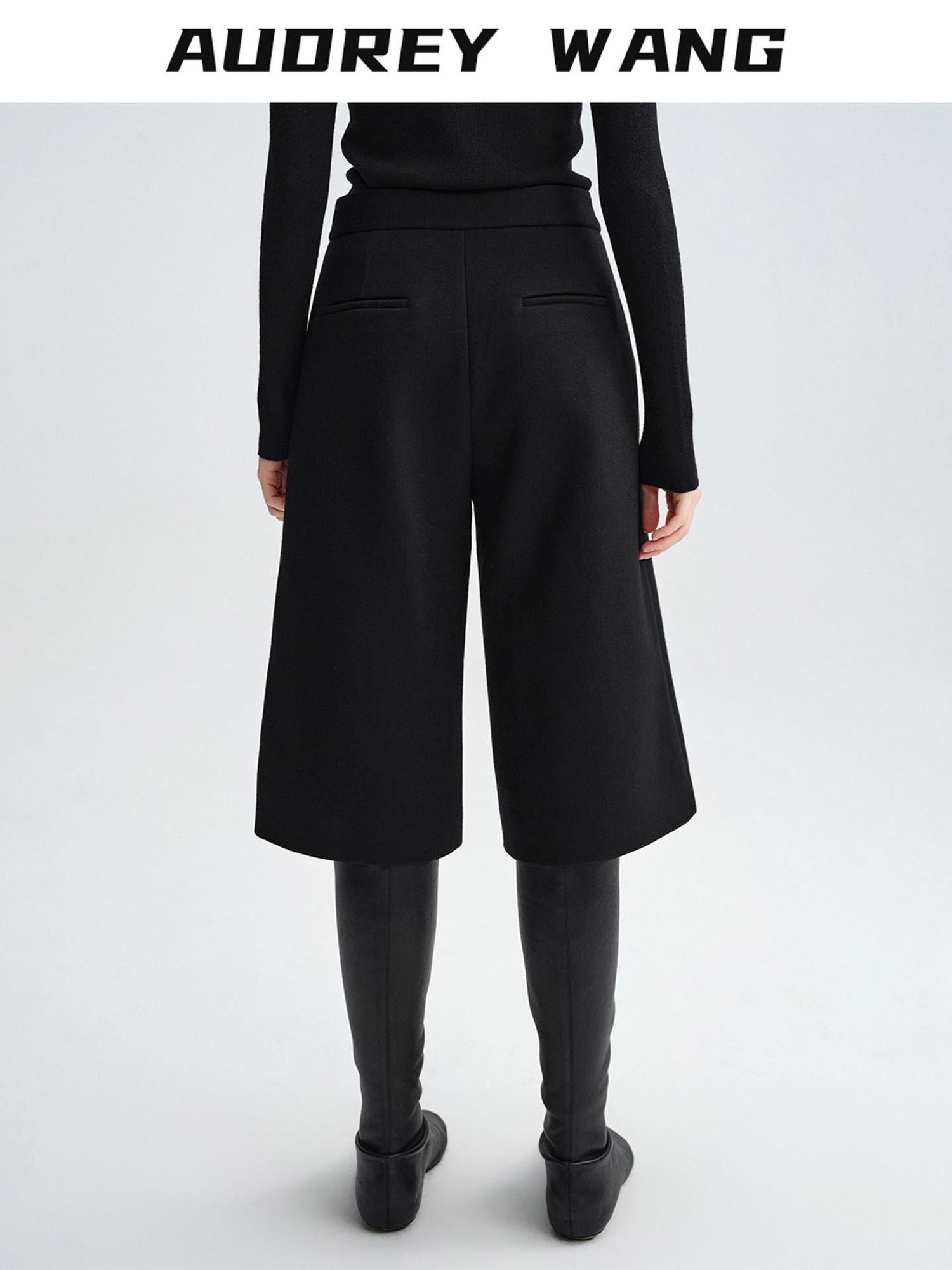 audreyyang Wool Blend Minimalist Wide Leg Natural Waist Womens Workwear Mid-Length Shorts
