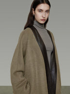 unspoken Minimal Patchwork Loose Fit V-neck Tie Closure Women Commuter Wool Coats