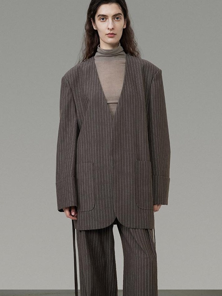 unspoken Minimalist V-neck Long Sleeve Tailored Brown Polyester Women Top & Pants Sets