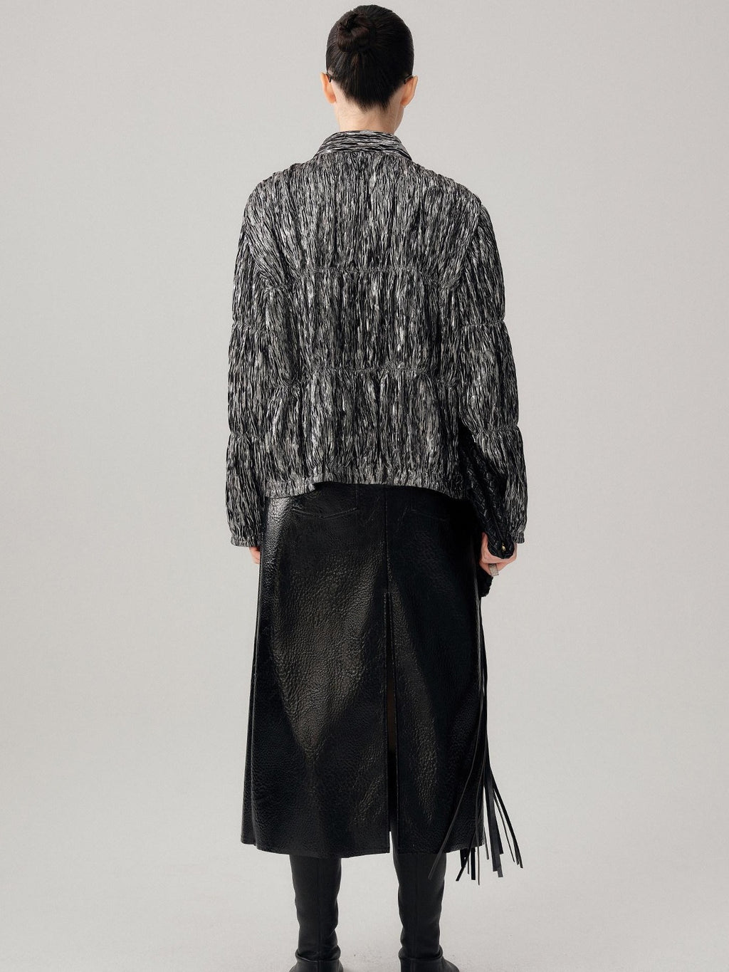 audreyyang Original Design Pleated Loose Fit Womens Cropped Silver Bomber Jackets