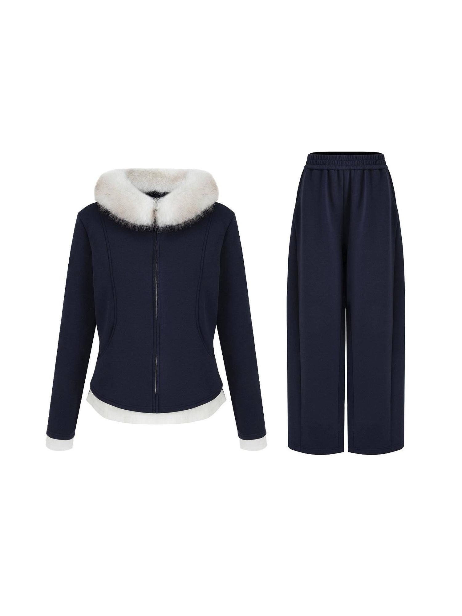 unspoken Warm Slim Fit Zip Hooded Cardigan High Waist Commuter Polyester Navy Lounge Sets
