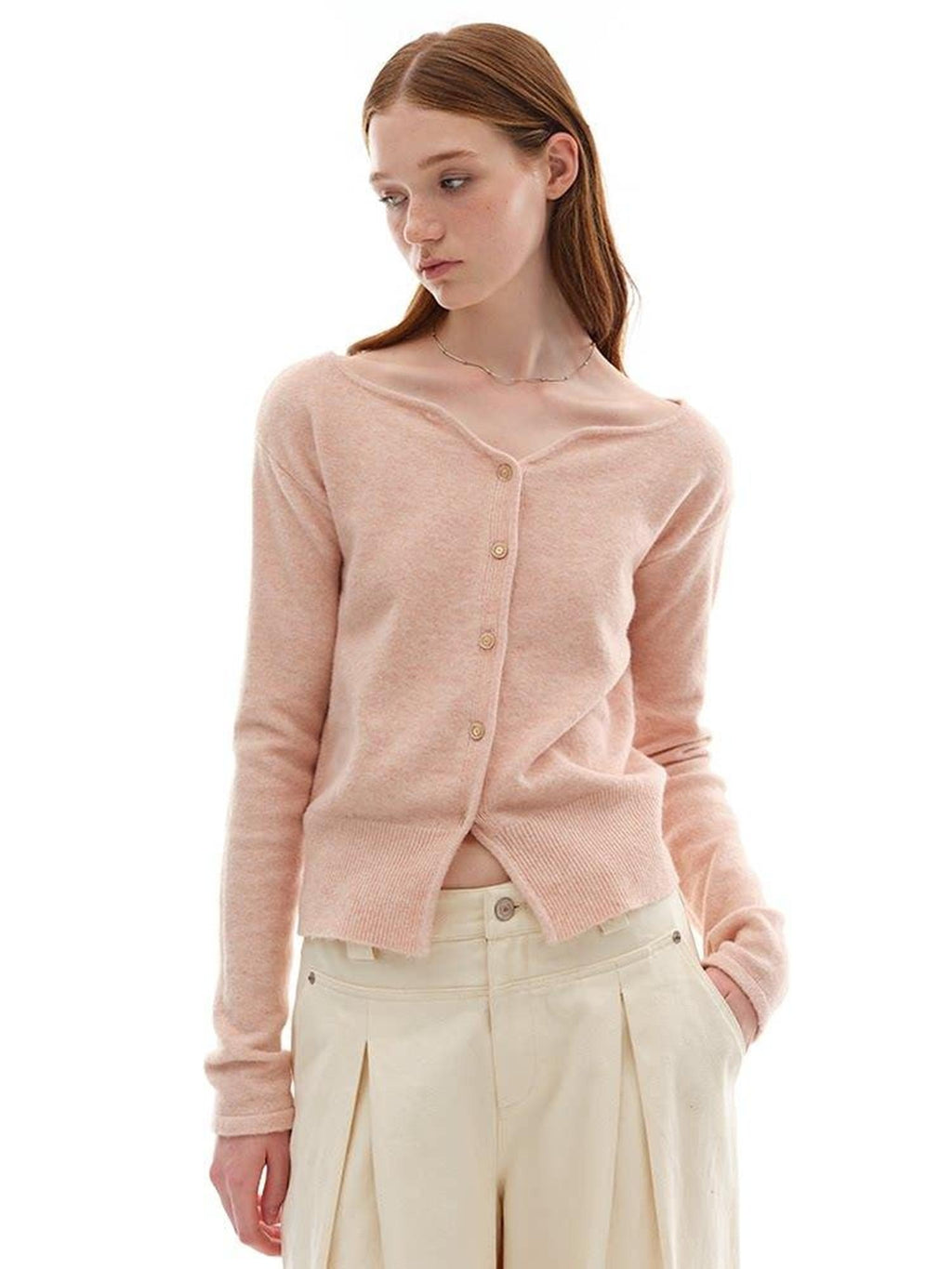 someonesometimes Soft Pink Cozy Wool Button V-neck Loose Fit Unisex Knit Cardigans
