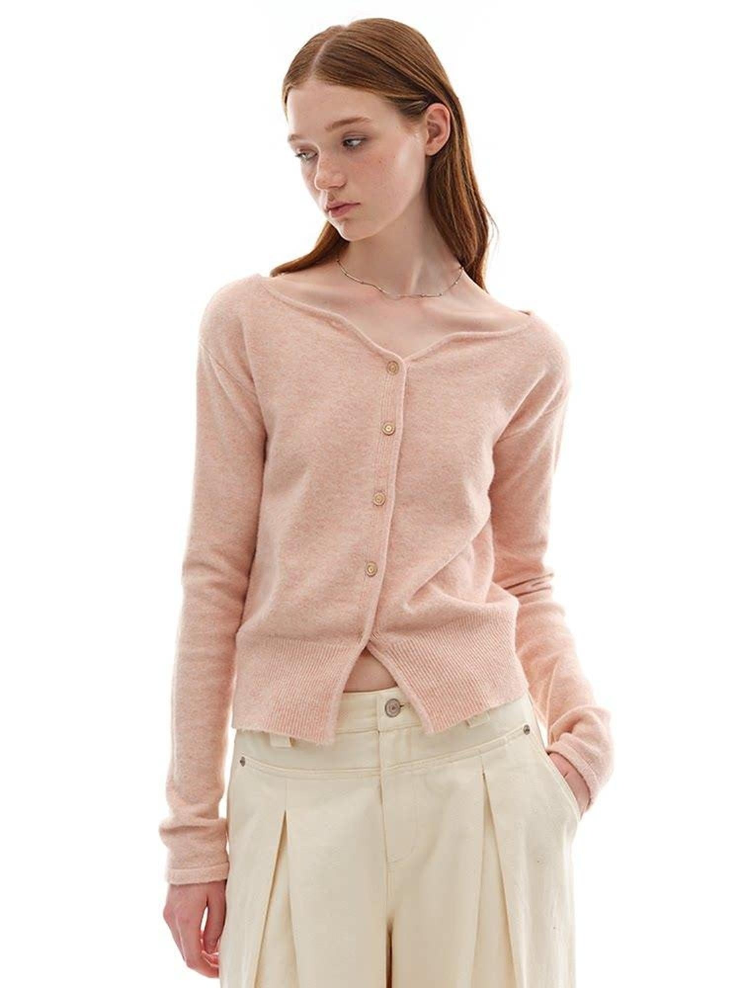 someonesometimes Soft Pink Cozy Wool Button V-neck Loose Fit Unisex Knit Cardigans