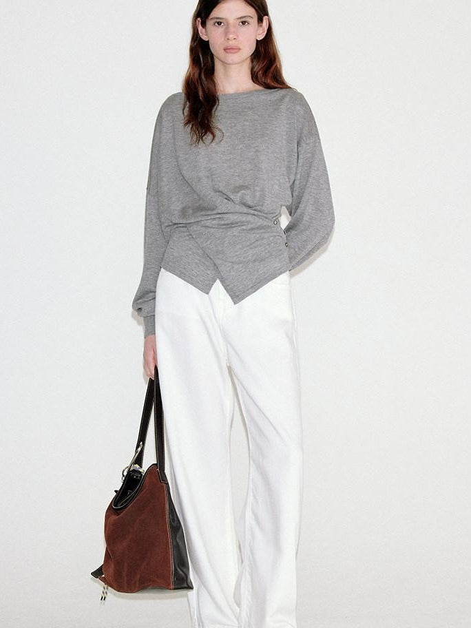 fano Soft Wool Blend Relaxed Loose Batwing Boat Neck Womens Knit Sweaters