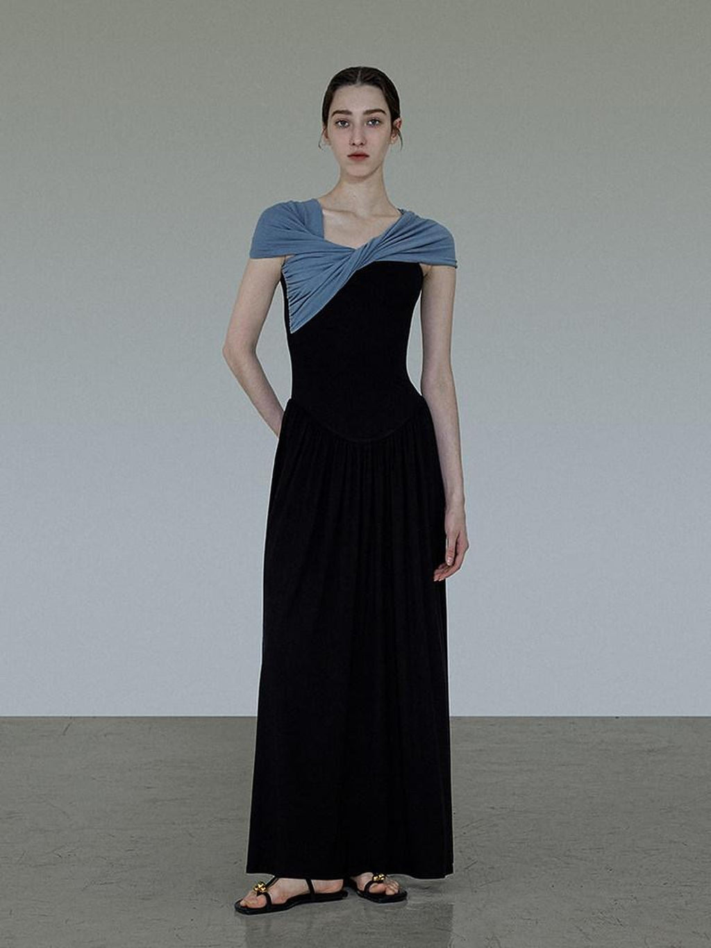 unspoken High Waist Colorblock V-neck A Line Viscose Knit Casual Women Maxi Dresses