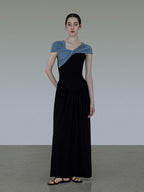 unspoken High Waist Colorblock V-neck A Line Viscose Knit Casual Women Maxi Dresses