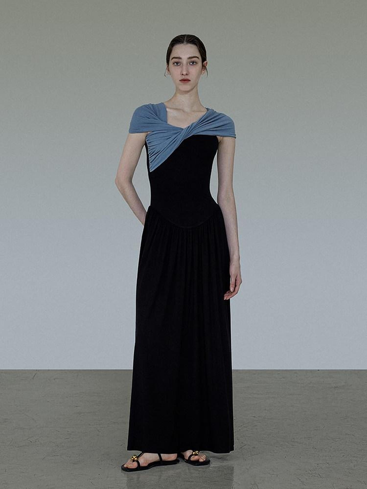 unspoken High Waist Colorblock V-neck A Line Viscose Knit Casual Women Maxi Dresses