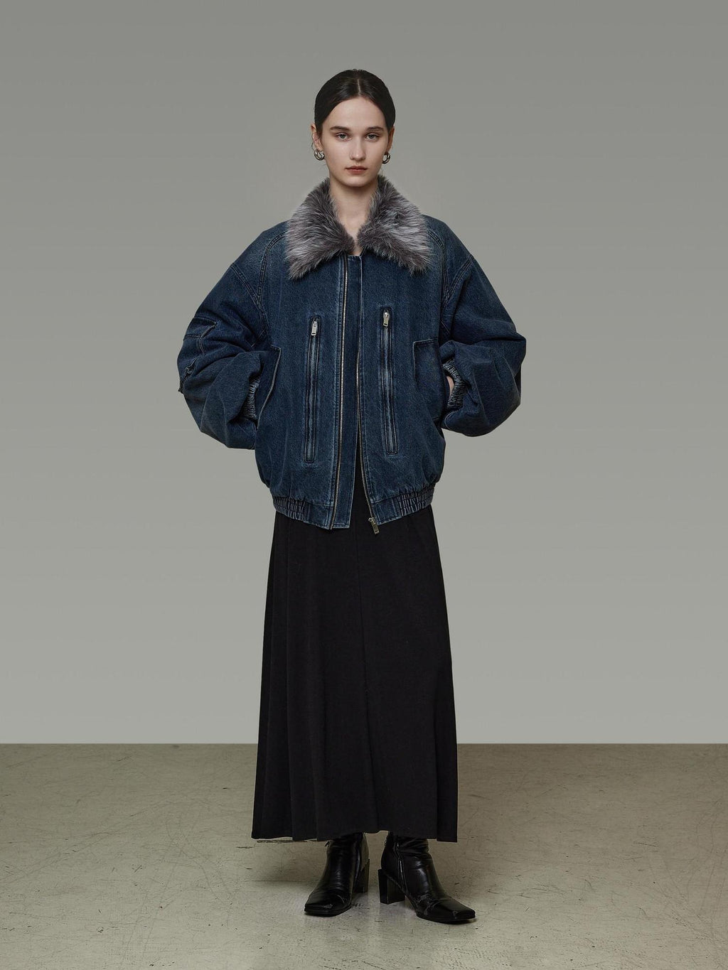 unspoken Warm Cotton Blend Loose Commuter Zipper Fur Collar Blue Gray Denim Jackets