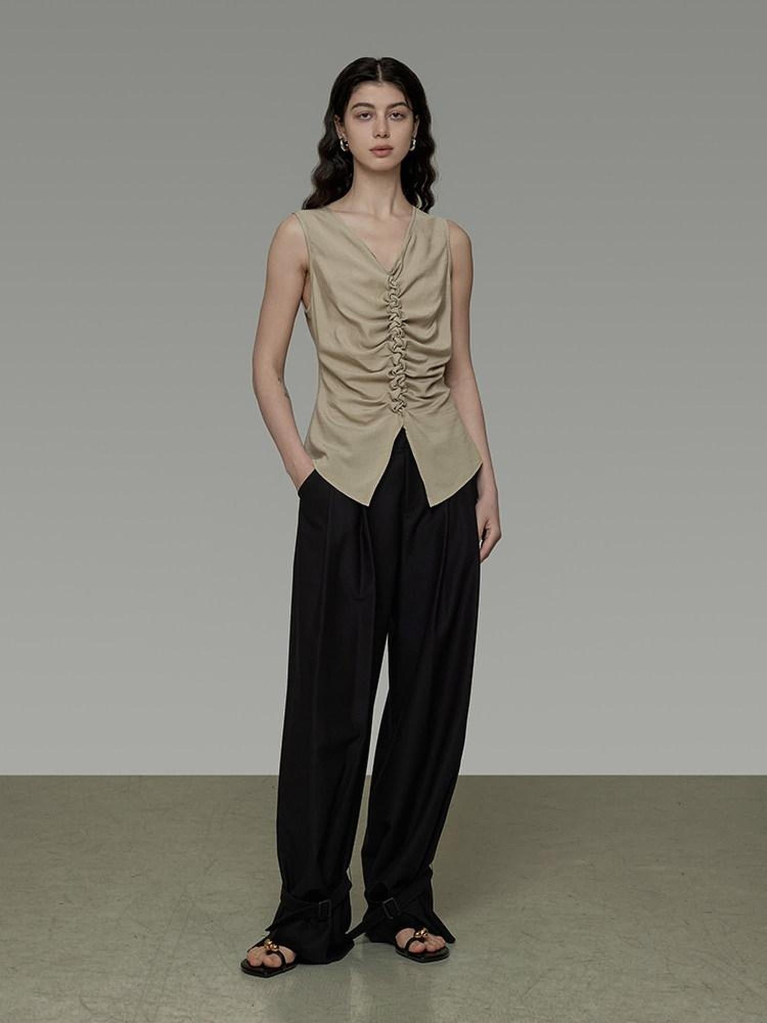 unspoken Ruched Soft Viscose Loose Workwear Women Khaki Solid Off Shoulder Crop Tops