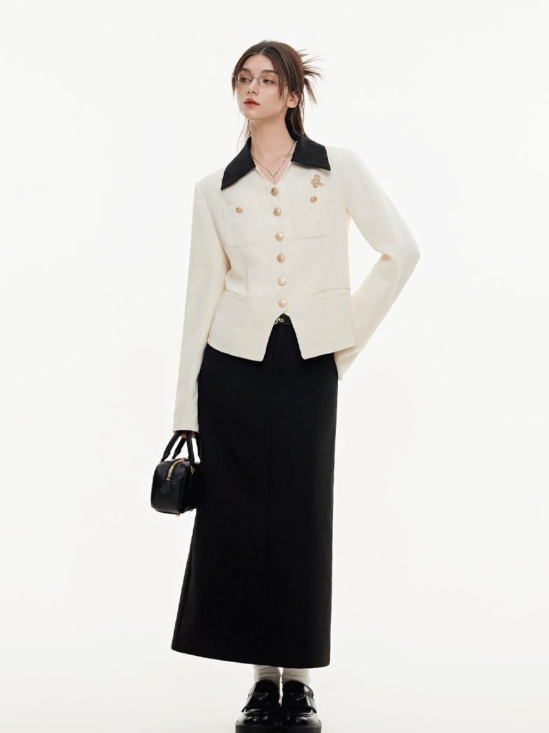 ikyou High Waist Embroidered A Line Casual Commuter Black Polyester Midi Skirts