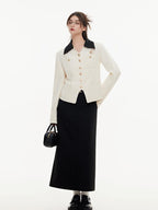 ikyou High Waist Embroidered A Line Casual Commuter Black Polyester Midi Skirts