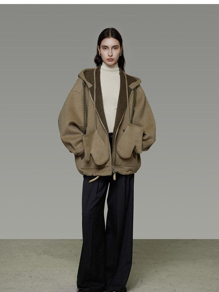 unspoken Premium Sheepswool Minimal Commuter Loose Fit Hooded Zip For Women Wool Coats
