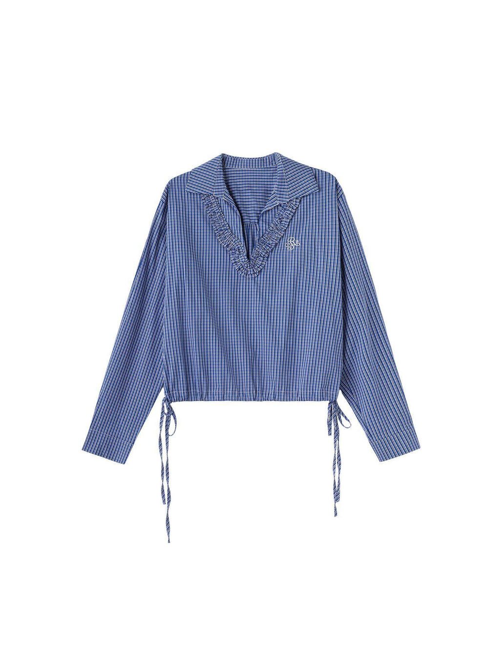 ikyou Slimming Stain Resistant Casual Loose V-neck Embroidered Plaid Commuter Blouses