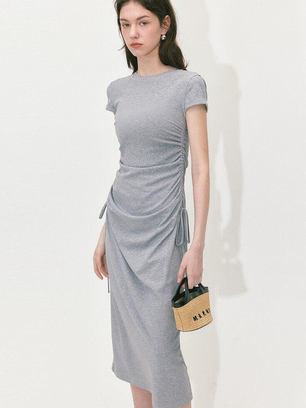fano Soft Cotton Knit High Waist A Line Button Mock Neck Midi Dresses