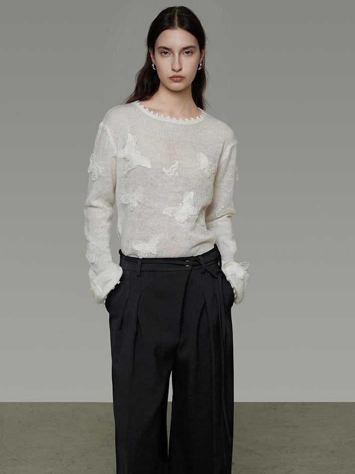unspoken Breathable Knit Minimalist Relaxed Fit Butterfly Round Neck White Blouses