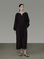 unspoken Cotton Loose Waist Minimalist V-neck Long Sleeve Casual Black Maxi Dresses