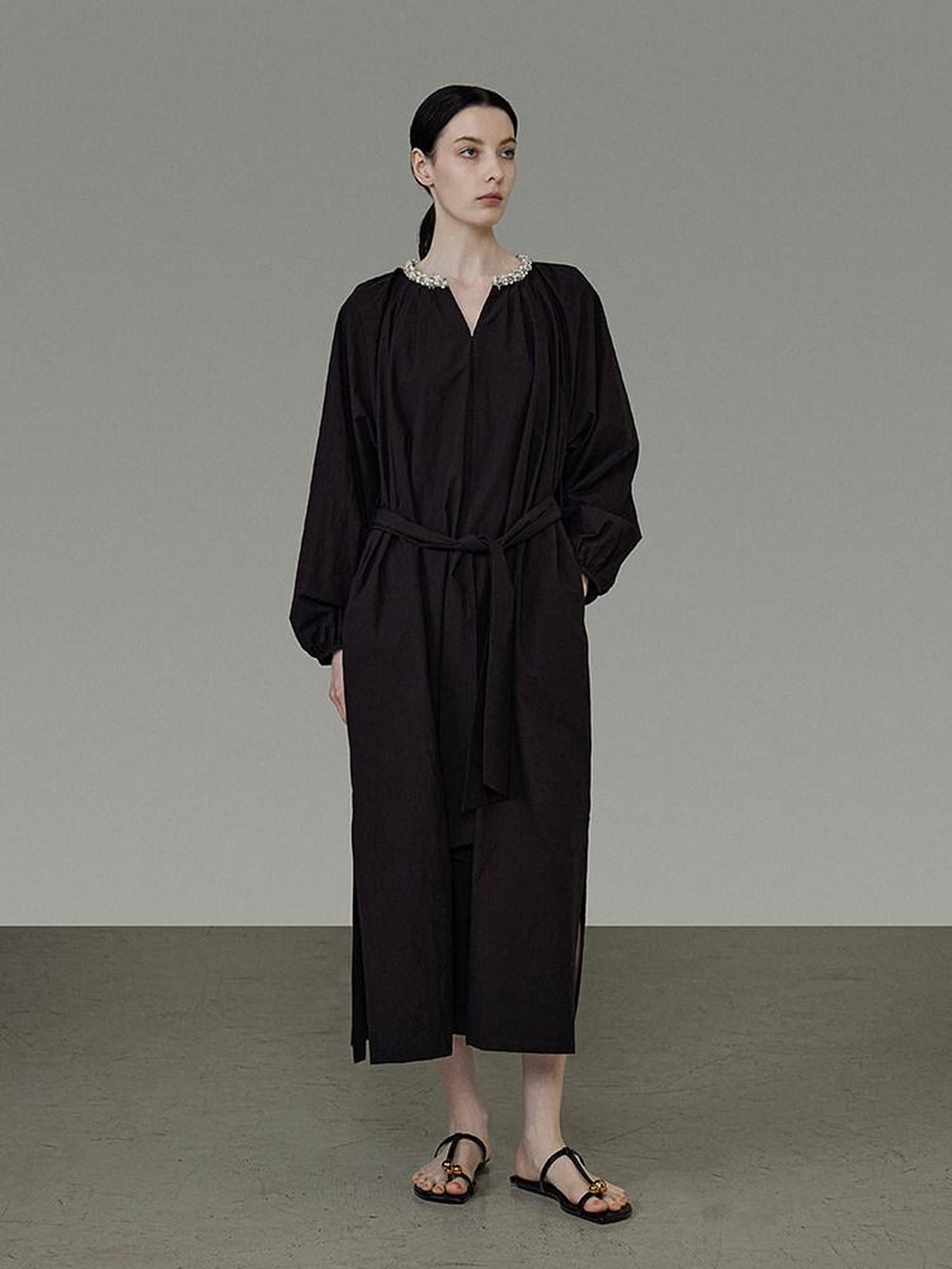 unspoken Cotton Loose Waist Minimalist V-neck Long Sleeve Casual Black Maxi Dresses