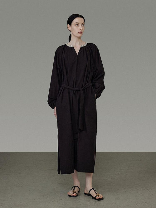 unspoken Cotton Loose Waist Minimalist V-neck Long Sleeve Casual Black Maxi Dresses
