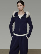 unspoken Warm Slim Fit Zip Hooded Cardigan High Waist Commuter Polyester Navy Lounge Sets