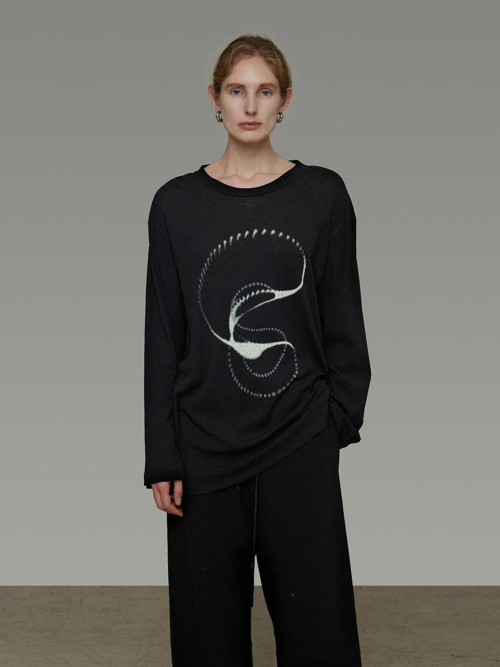 unspoken Lightweight Printed Minimalist Loose Round Neck Women Cream Pullover Sweaters