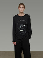 unspoken Lightweight Printed Minimalist Loose Round Neck Women Cream Pullover Sweaters