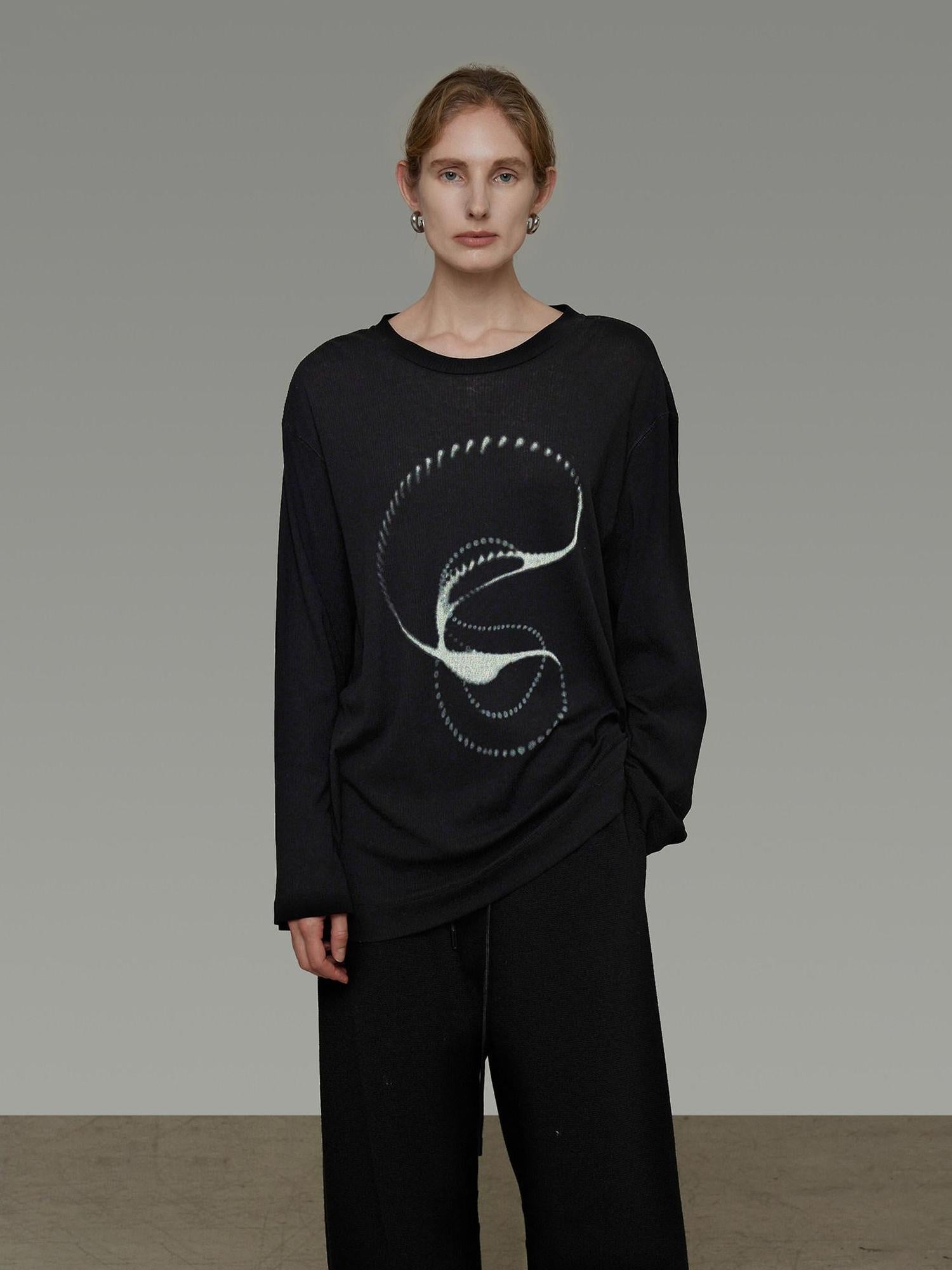 unspoken Lightweight Printed Minimalist Loose Round Neck Women Cream Pullover Sweaters
