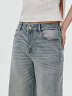 fano Comfortable Relaxed Natural Waist Zipper Fly Light Blue Straight Leg Jeans