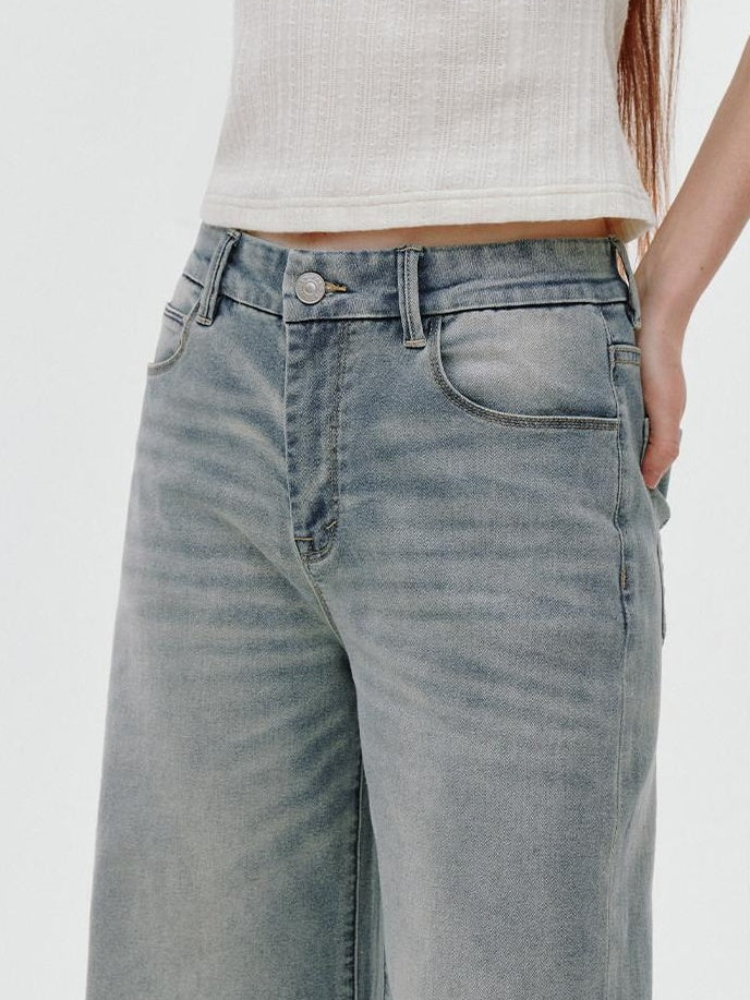 fano Comfortable Relaxed Natural Waist Zipper Fly Light Blue Straight Leg Jeans