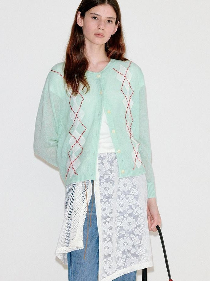 fano Warm Wool Blend Diamond Loose Fit Commuter Round Neck Mint Cardigans