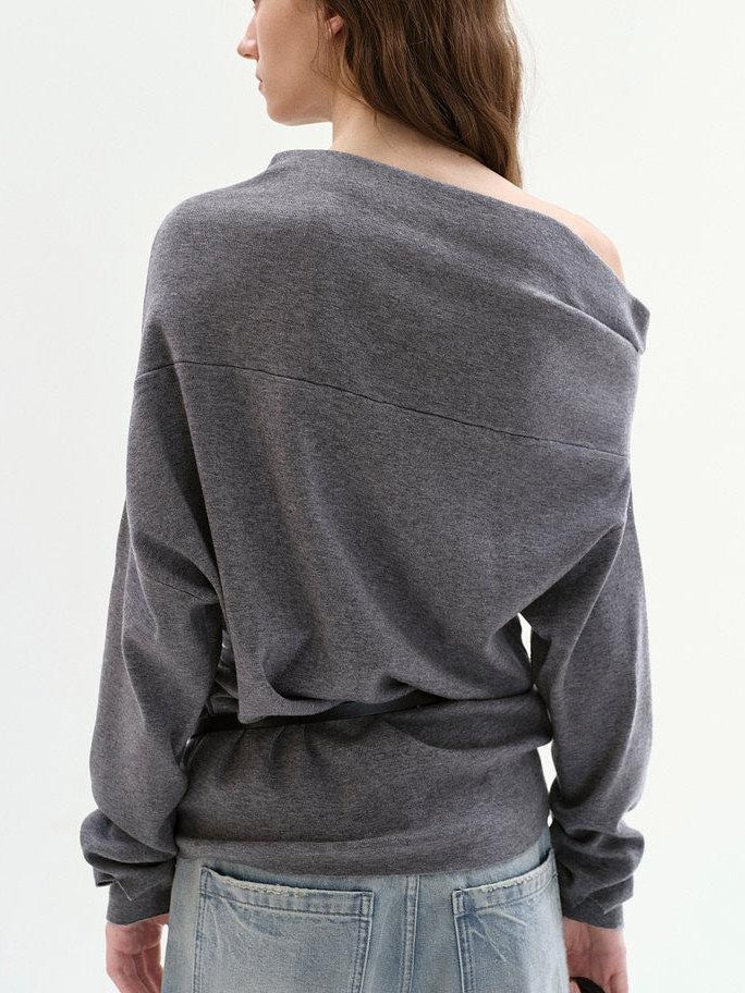 fano Minimalist Office Regular Asymmetric Neck Batwing Sleeve Women Nylon Sweaters