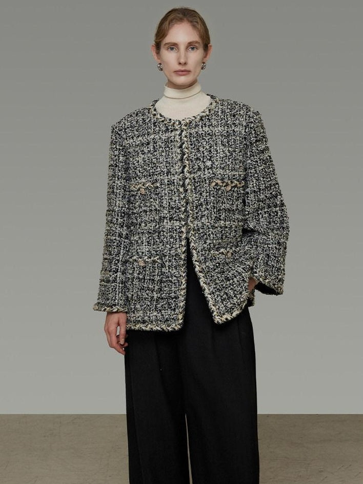 unspoken Warm Wool Blend Houndstooth Loose Fit Simple Commuter Black White Short Coat