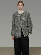 unspoken Warm Wool Blend Houndstooth Loose Fit Simple Commuter Black White Short Coat