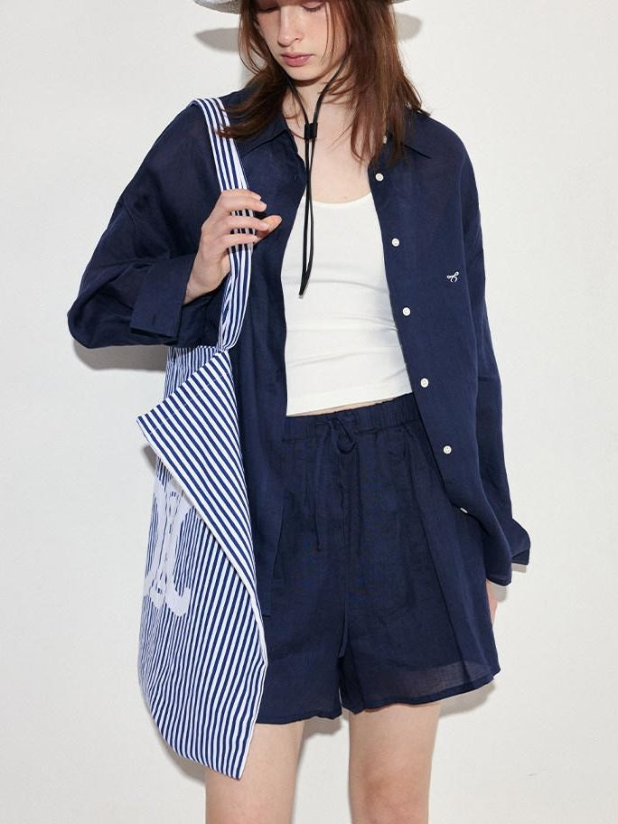 fano Comfortable Collared Long Sleeve Navy Two Piece Women Top & Shorts Sets