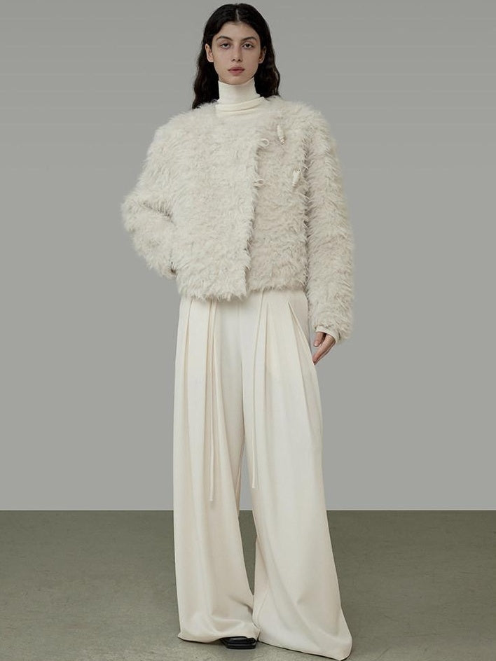 unspoken Warm Thick Minimalist Loose Fit Round Neck Ivory Workwear Cropped Jackets