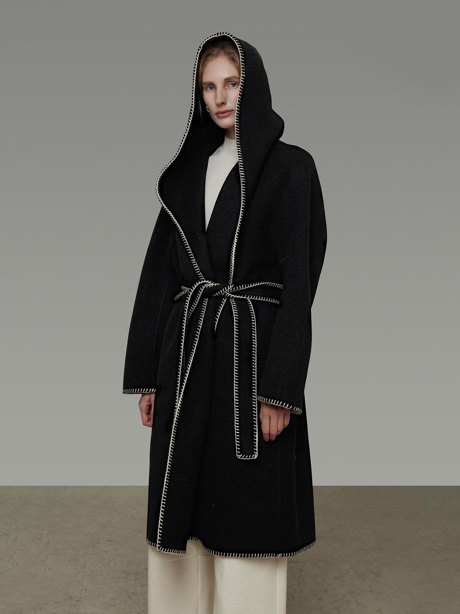 unspoken Cozy Minimalist Commuter Loose Hooded Midlength Women Black Tie Wool Coats