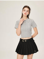 ikyou 3D Embellishment Slim Fit Henley Neck Women Solid Grey Knit Basic Crop Tops