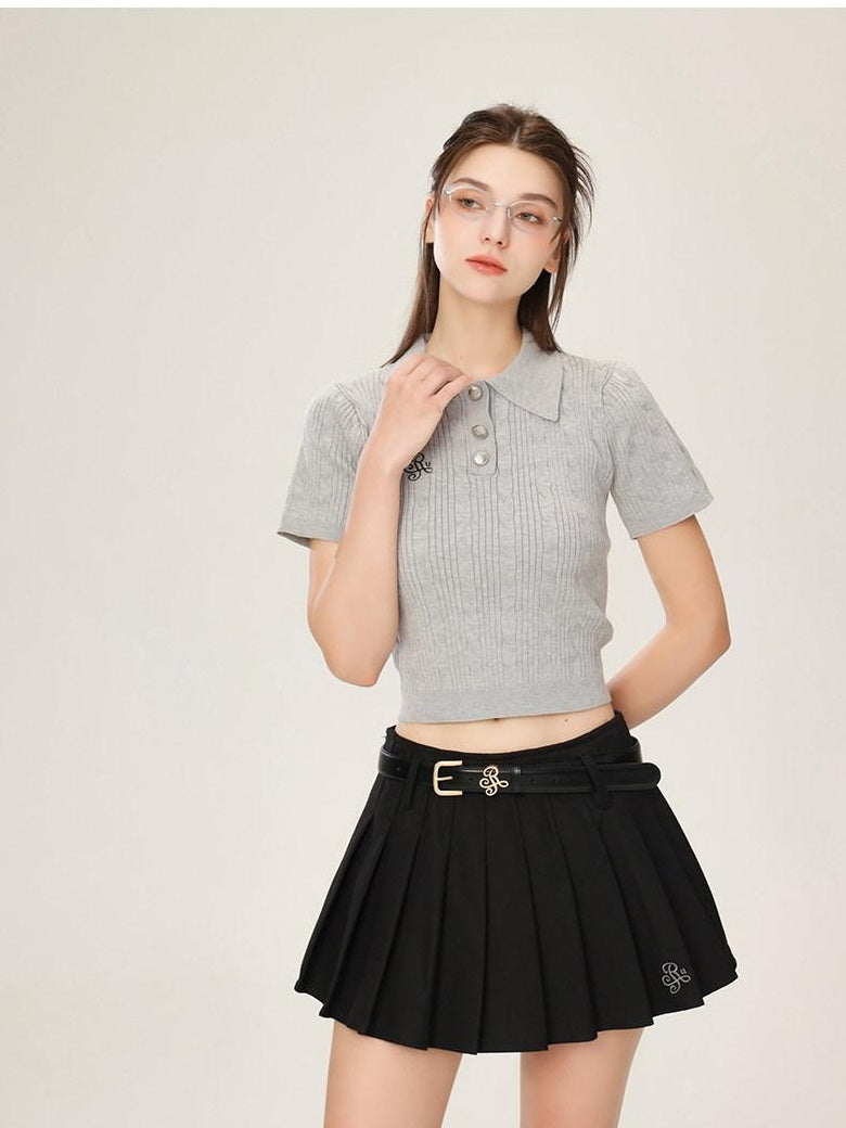 ikyou 3D Embellishment Slim Fit Henley Neck Women Solid Grey Knit Basic Crop Tops