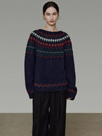 unspoken Warm Jacquard Colorblock Loose Commuter Crewneck Women Acrylic Blend Sweaters
