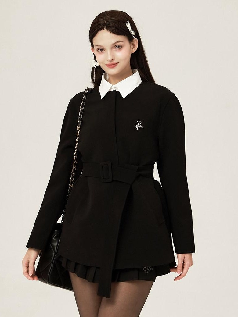 ikyou Versatile Belted Relaxed Fit Office Casual Women Polyester Black Blazers