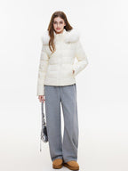 ikyou 90% White Duck Down Warm Minimalist Slim Hooded Fur Collar Women Down Jackets