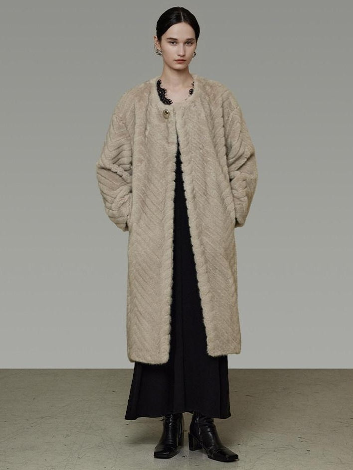 unspoken Warm Thick Beige Loose Fit Collarless Mid Length Commuter Women Long Coats