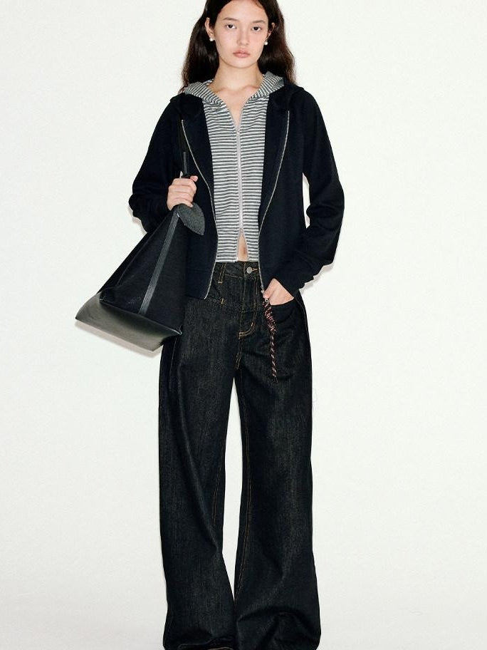 fano Striped Faux Two Piece Loose Fit Commuter Women Black Cotton Blend Hoodie